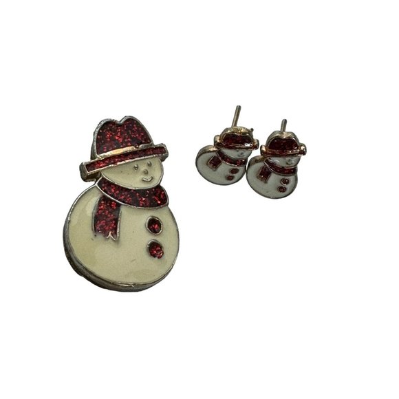 Christmas Snowman Earrings and Brooch Pin Set Red Sparkle Glitter Scarf Holidays - Picture 2 of 12